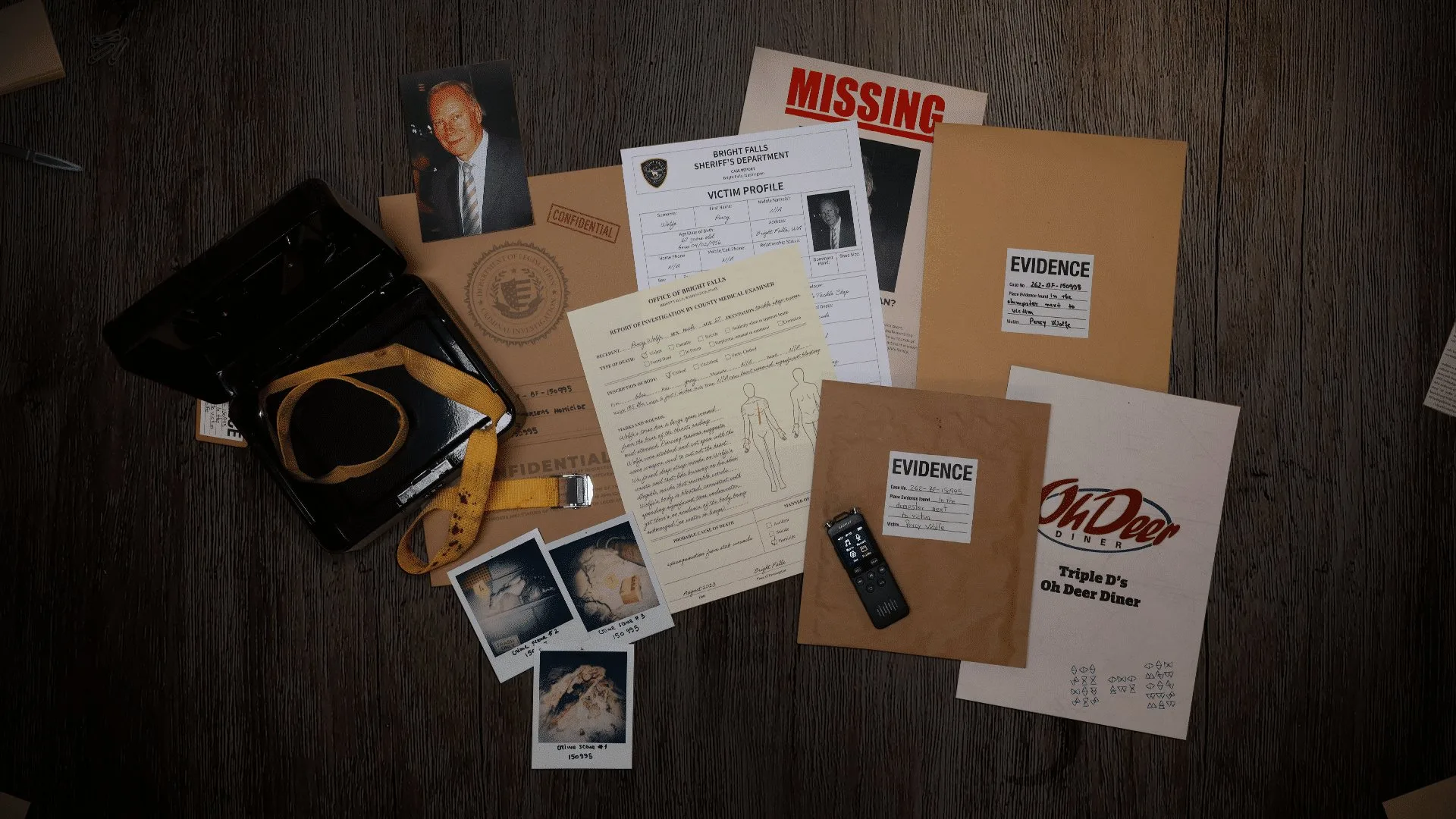 Case evidence - victim profile, coroner report and crime-scene polaroids