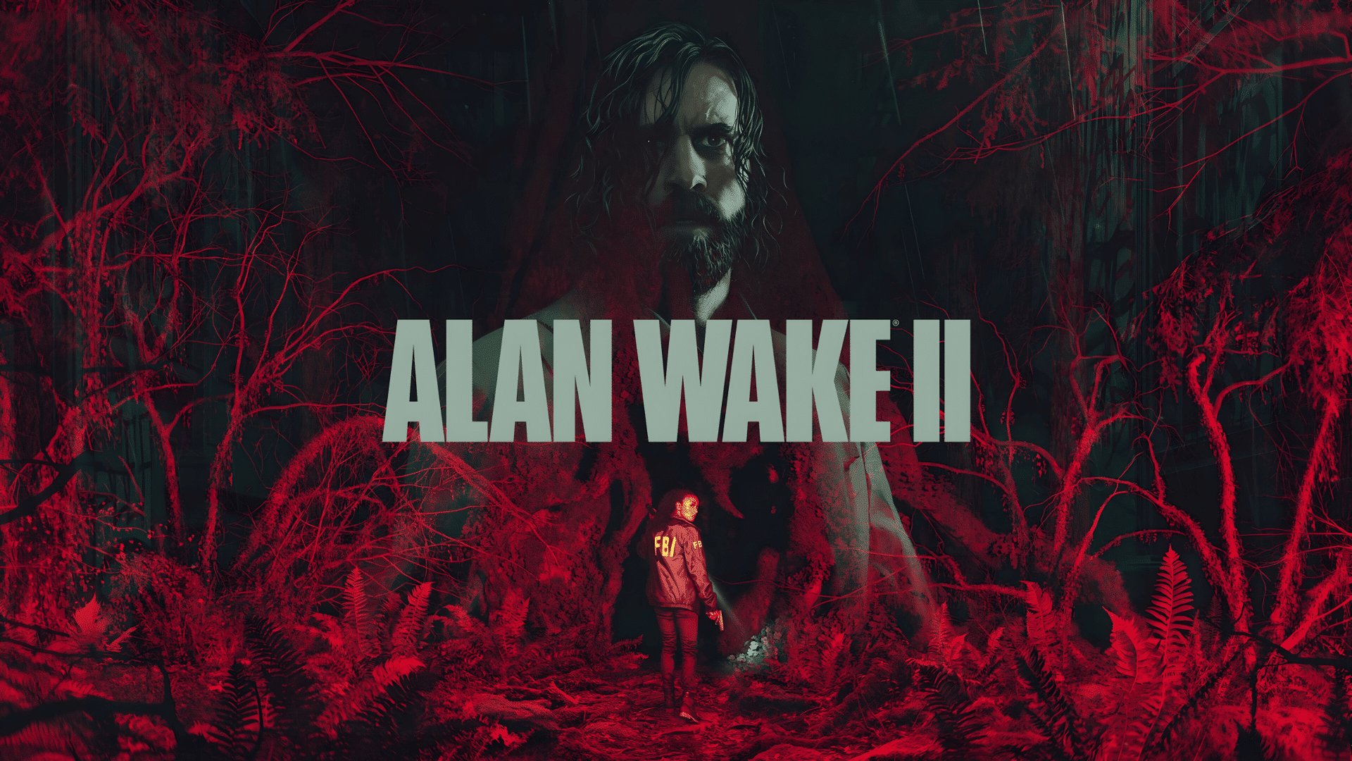 Alan Wake 2 key art with FBI agent in a red-tinted forest