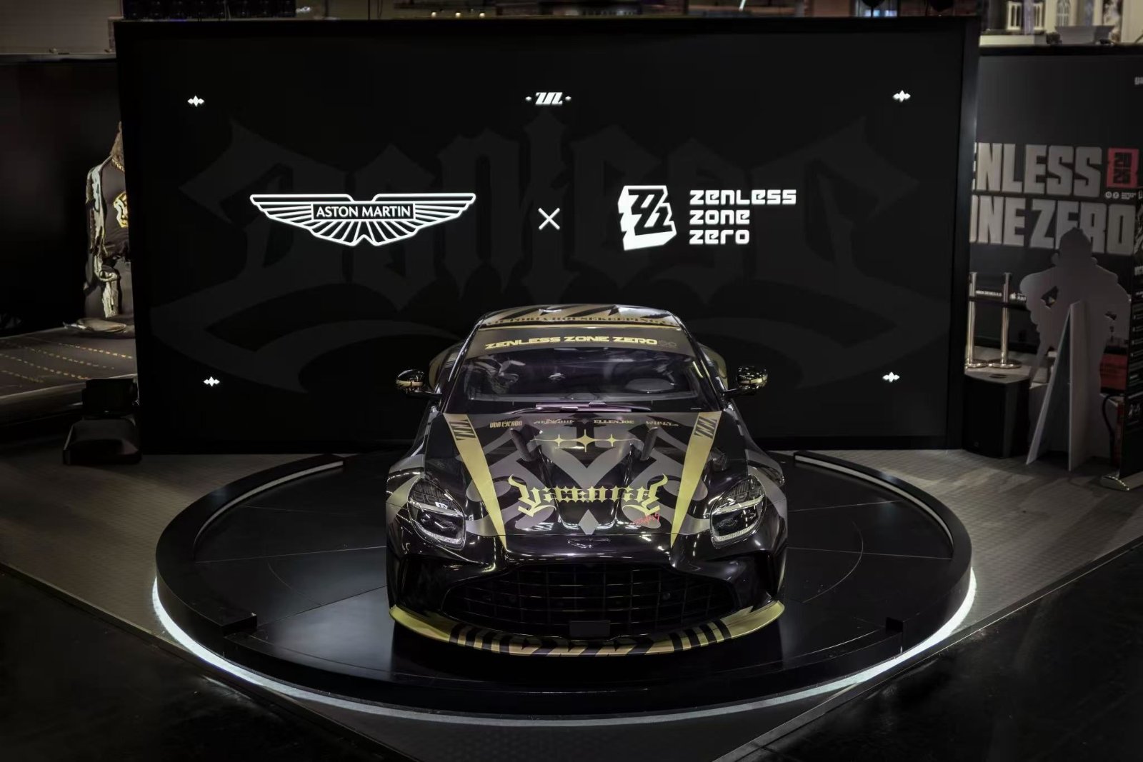 Aston Martin × Zenless Zone Zero wrapped coupe, front view