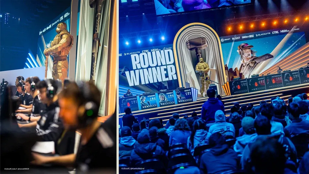 The statue behind the players and above the crowd at the arena