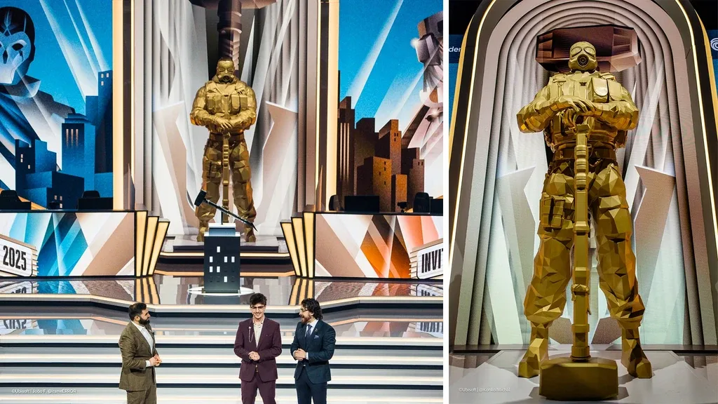 The statue revealed on the Six Invitational stage, and lit in its arch