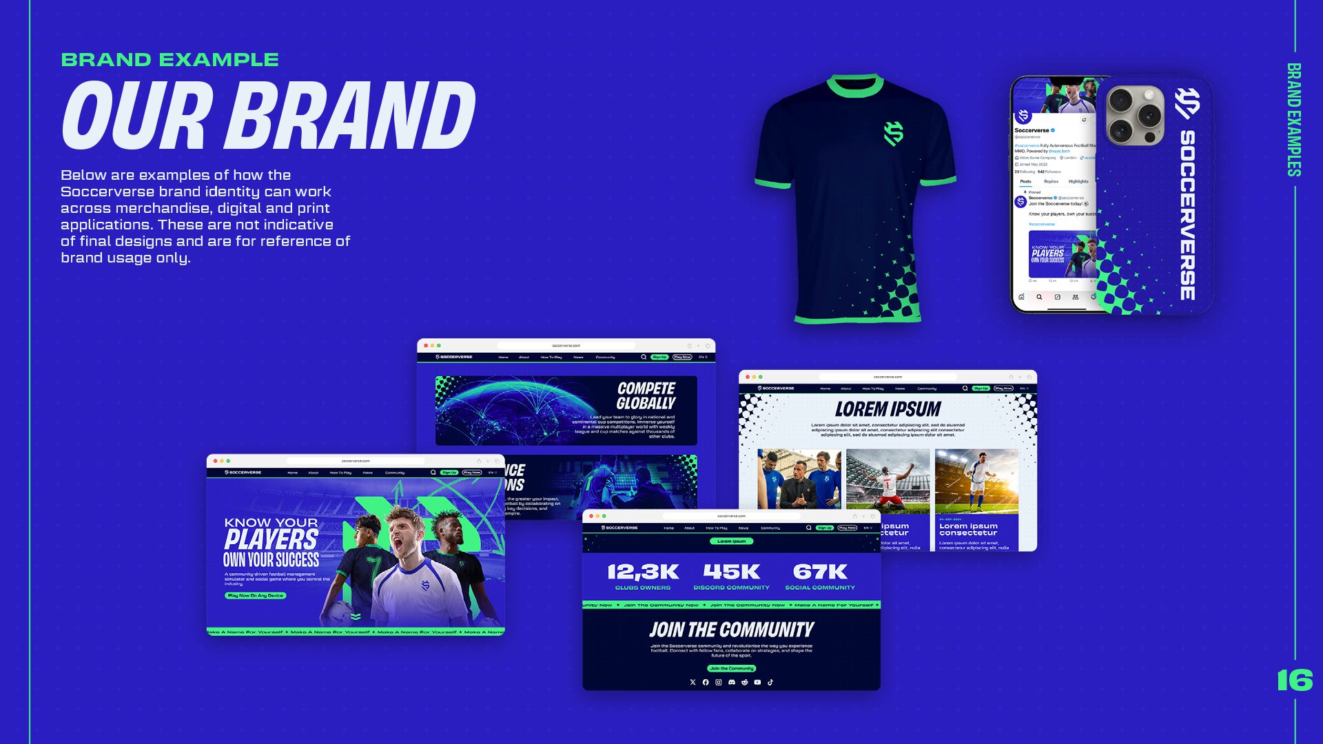 Soccerverse brand applied to a jersey, phone case and web pages