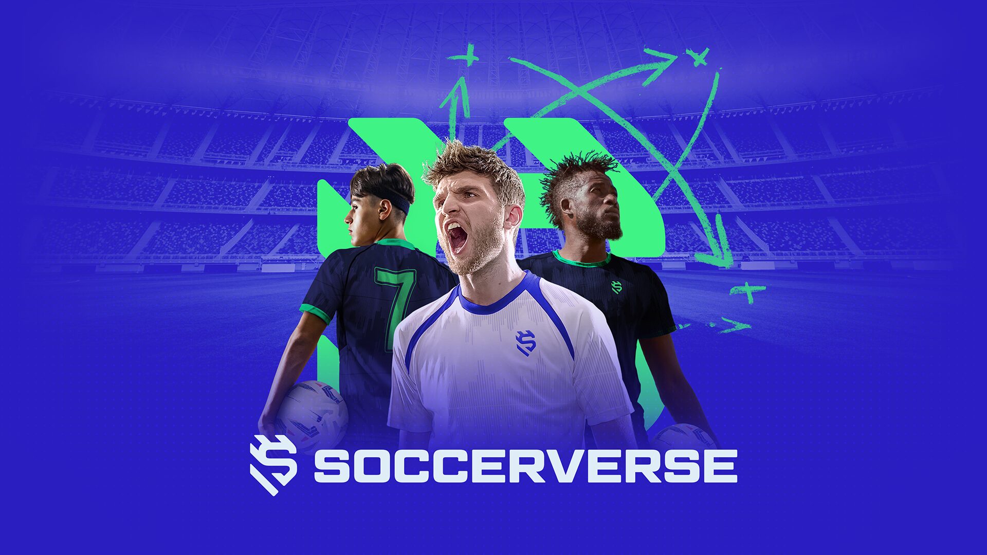 Soccerverse key art with three players and the crest logo