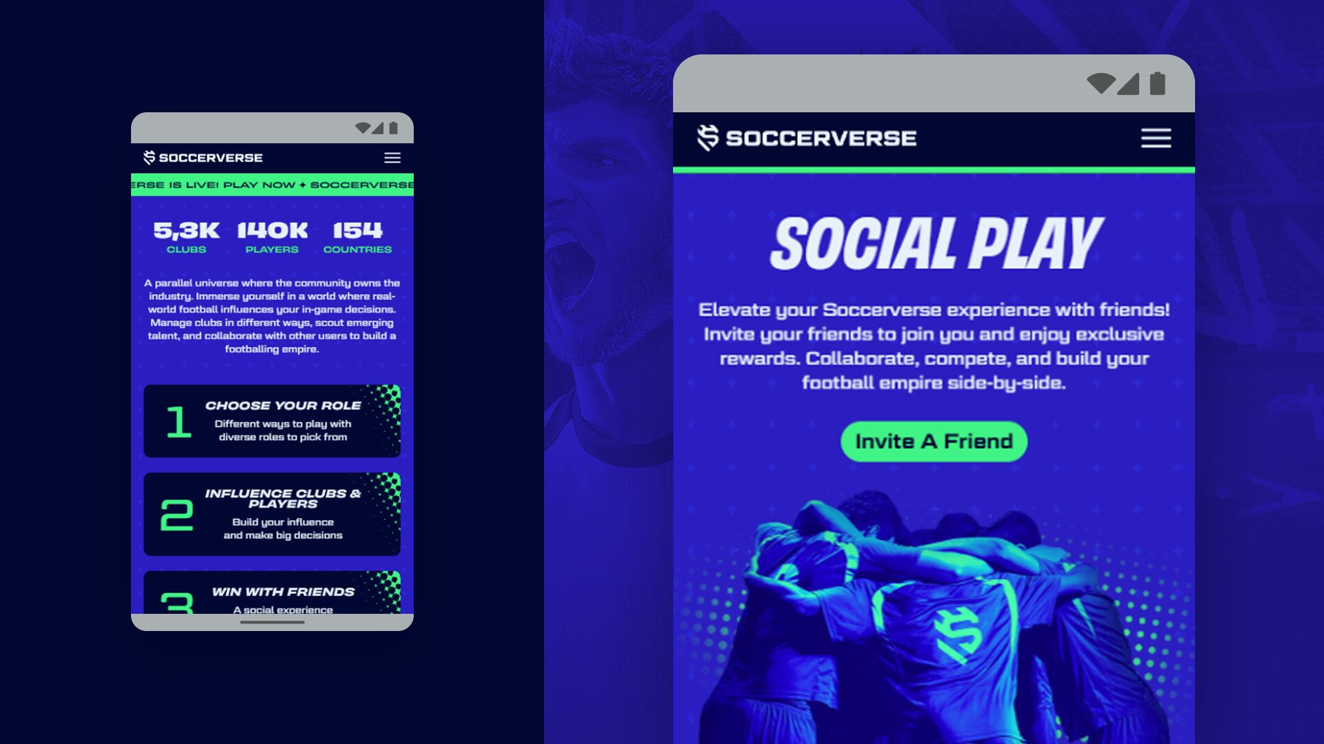 Soccerverse mobile website: stats and Social Play section