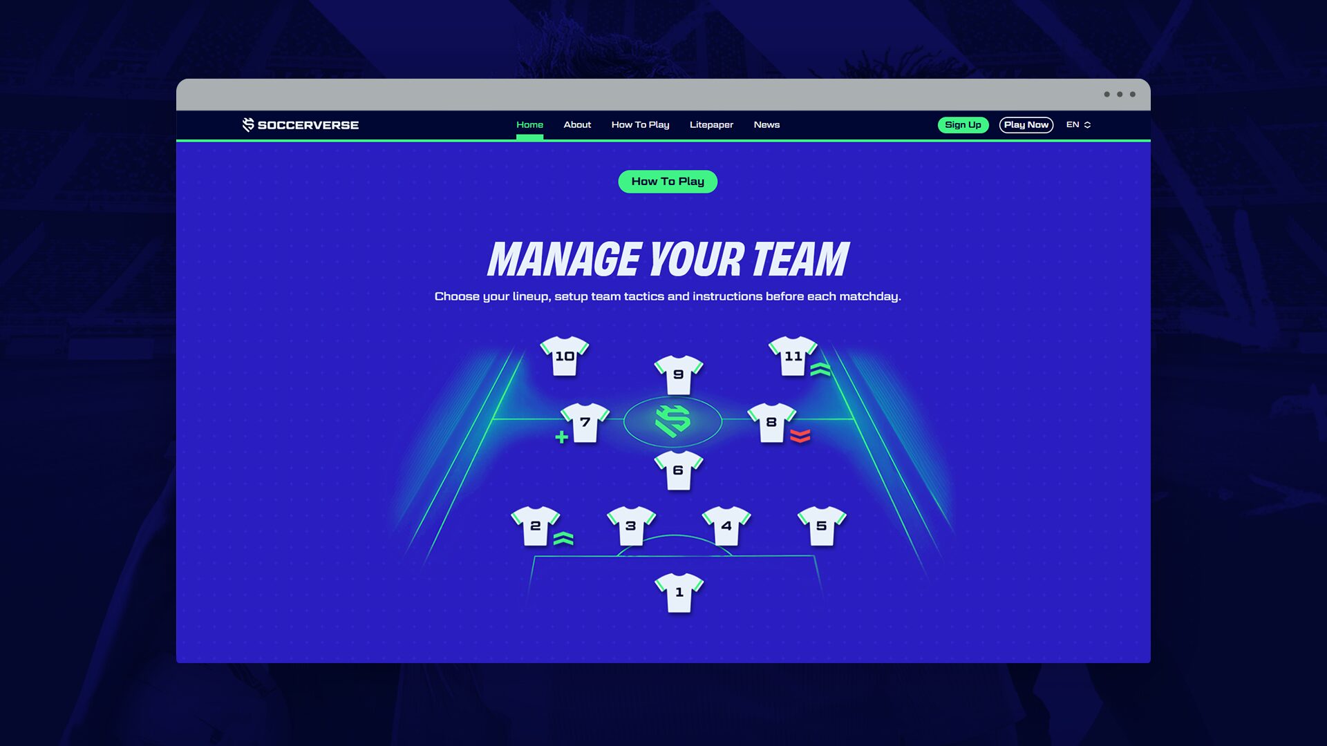 Soccerverse website How To Play page with team lineup