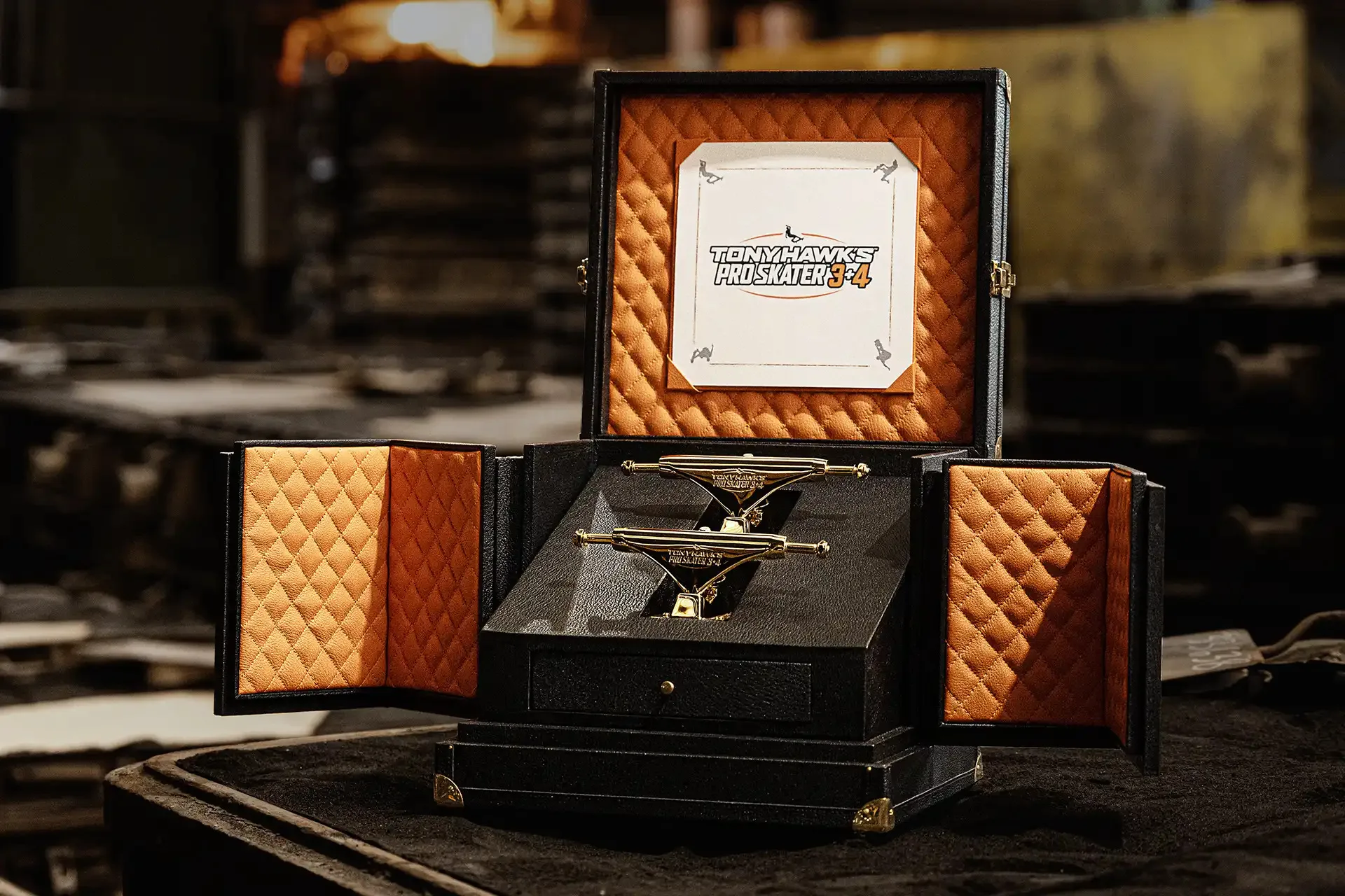 24-carat gold Tony Hawk’s Pro Skater 3+4 trucks in their leather display box