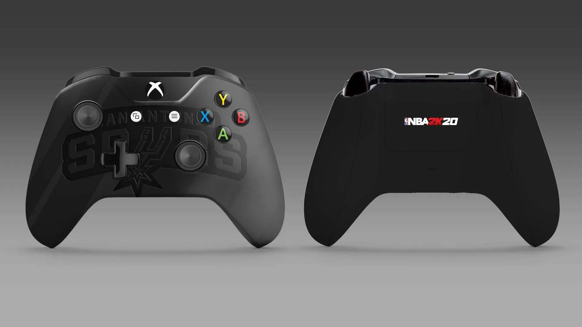 Custom Spurs and NBA 2K20 Xbox controllers, front and back